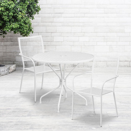 Commercial Grade 35.25" Round White Indoor-Outdoor Steel Patio Table Set with 2 Square Back Chairs