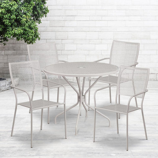 Commercial Grade 35.25" Round Light Gray Indoor-Outdoor Steel Patio Table Set with 4 Square Back Chairs