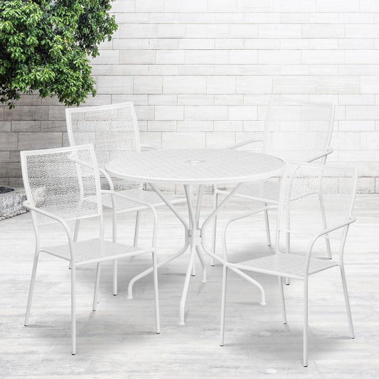 Commercial Grade 35.25" Round White Indoor-Outdoor Steel Patio Table Set with 4 Square Back Chairs