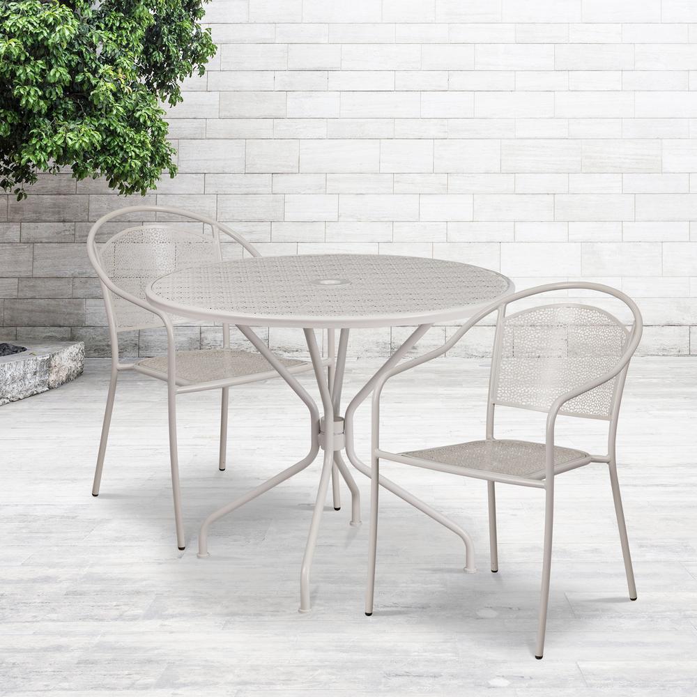 Commercial Grade 35.25" Round Light Gray Indoor-Outdoor Steel Patio Table Set with 2 Round Back Chairs