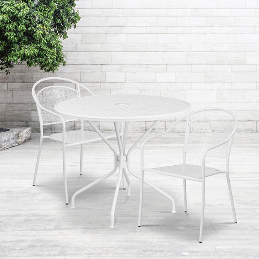 Commercial Grade 35.25" Round White Indoor-Outdoor Steel Patio Table Set with 2 Round Back Chairs