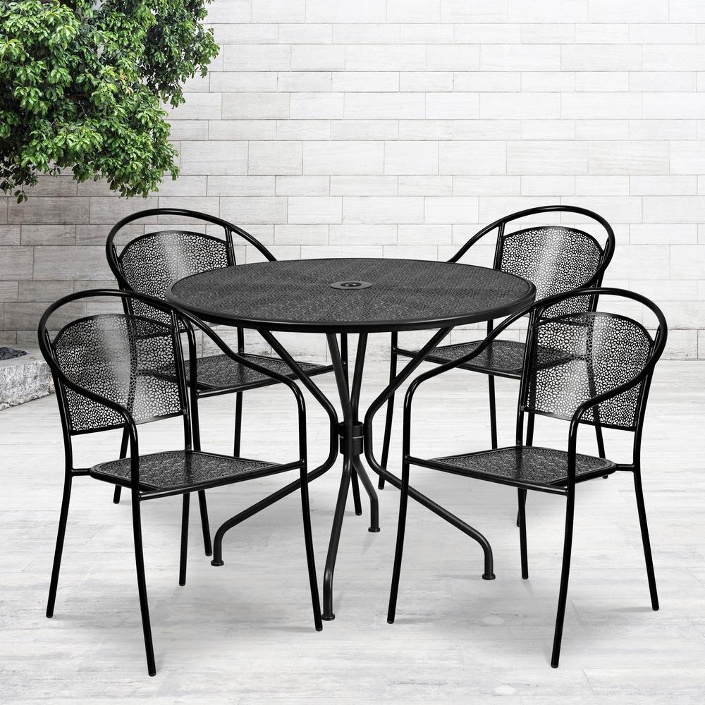 Commercial Grade 35.25" Round Black Indoor-Outdoor Steel Patio Table Set with 4 Round Back Chairs