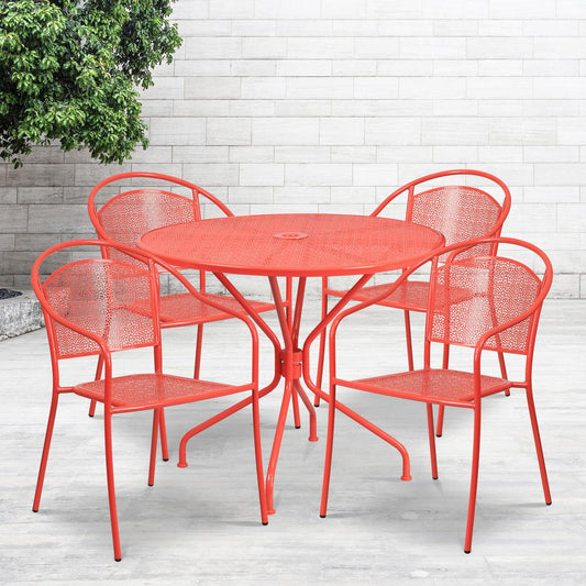 Commercial Grade 35.25" Round Coral Indoor-Outdoor Steel Patio Table Set with 4 Round Back Chairs