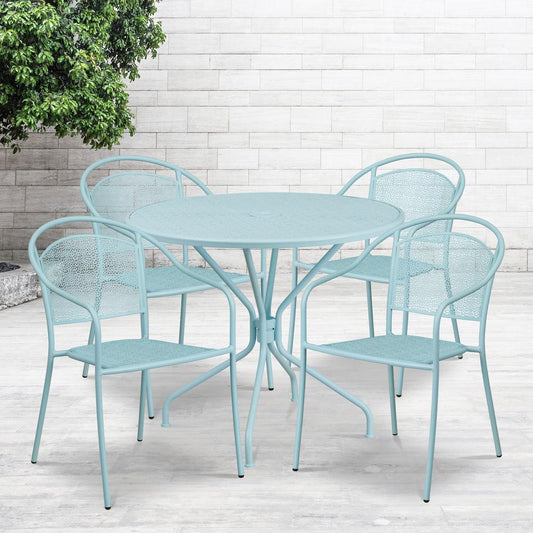 Commercial Grade 35.25" Round Sky Blue Indoor-Outdoor Steel Patio Table Set with 4 Round Back Chairs