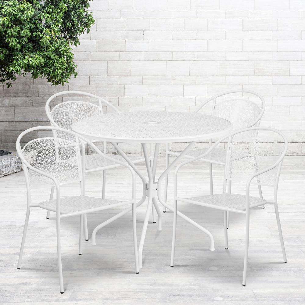 Commercial Grade 35.25" Round White Indoor-Outdoor Steel Patio Table Set with 4 Round Back Chairs