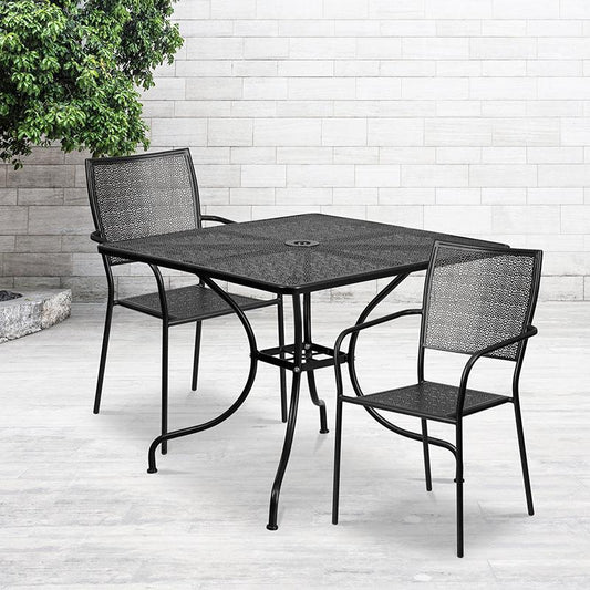 Commercial Grade 35.5" Square Black Indoor-Outdoor Steel Patio Table Set with 2 Square Back Chairs