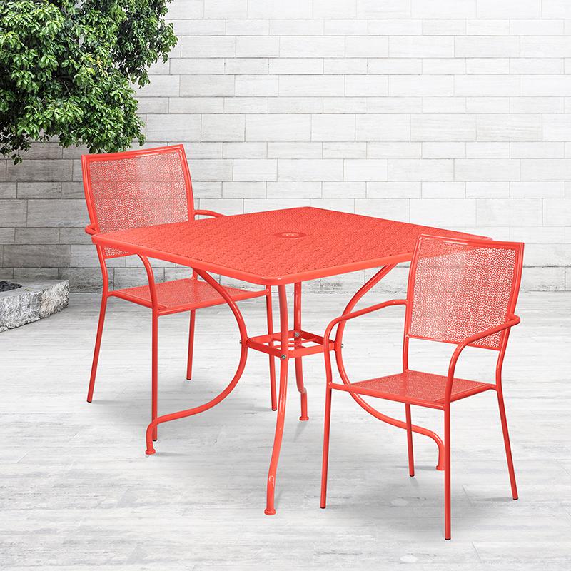 Commercial Grade 35.5" Square Coral Indoor-Outdoor Steel Patio Table Set with 2 Square Back Chairs