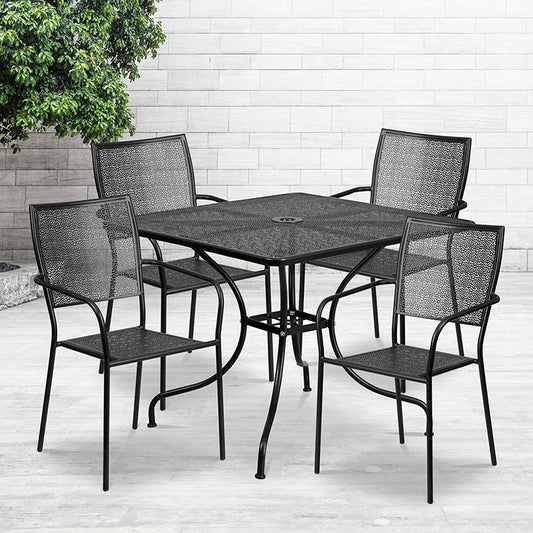 Commercial Grade 35.5" Square Black Indoor-Outdoor Steel Patio Table Set with 4 Square Back Chairs