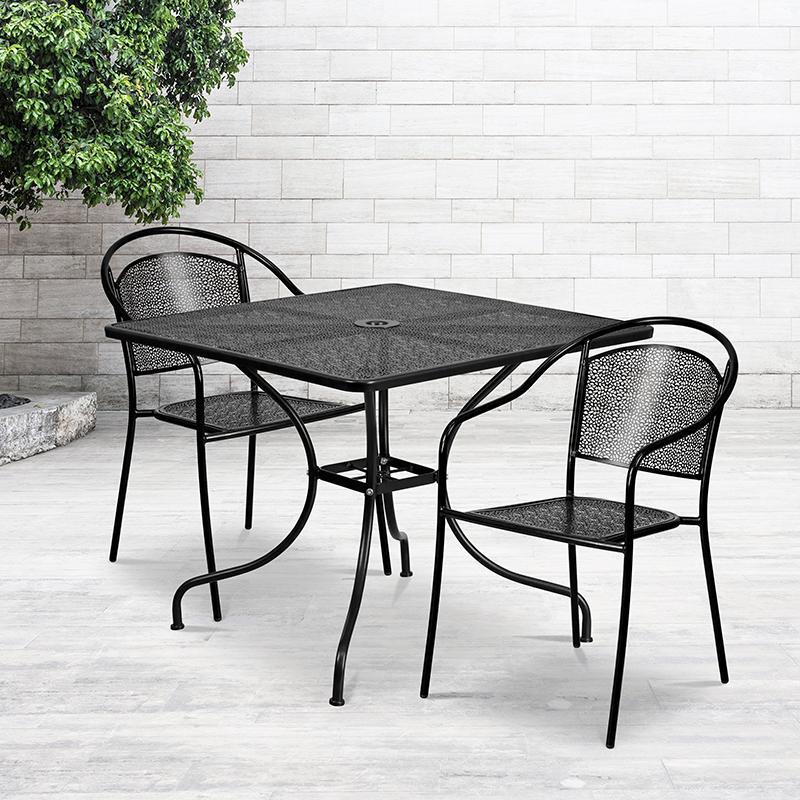 Commercial Grade 35.5" Square Black Indoor-Outdoor Steel Patio Table Set with 2 Round Back Chairs