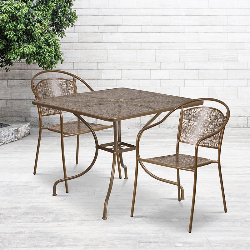 Commercial Grade 35.5" Square Gold Indoor-Outdoor Steel Patio Table Set with 2 Round Back Chairs