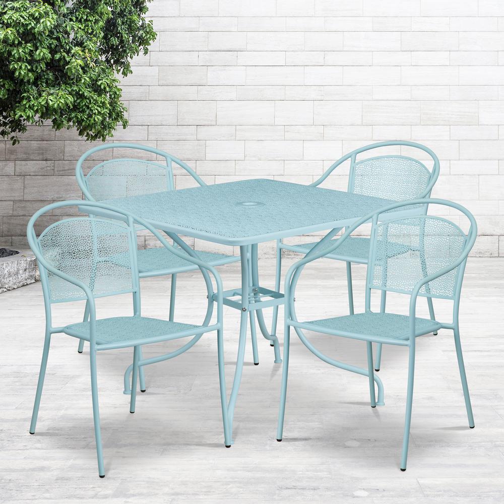 Commercial Grade 35.5" Square Sky Blue Indoor-Outdoor Steel Patio Table Set with 4 Round Back Chairs