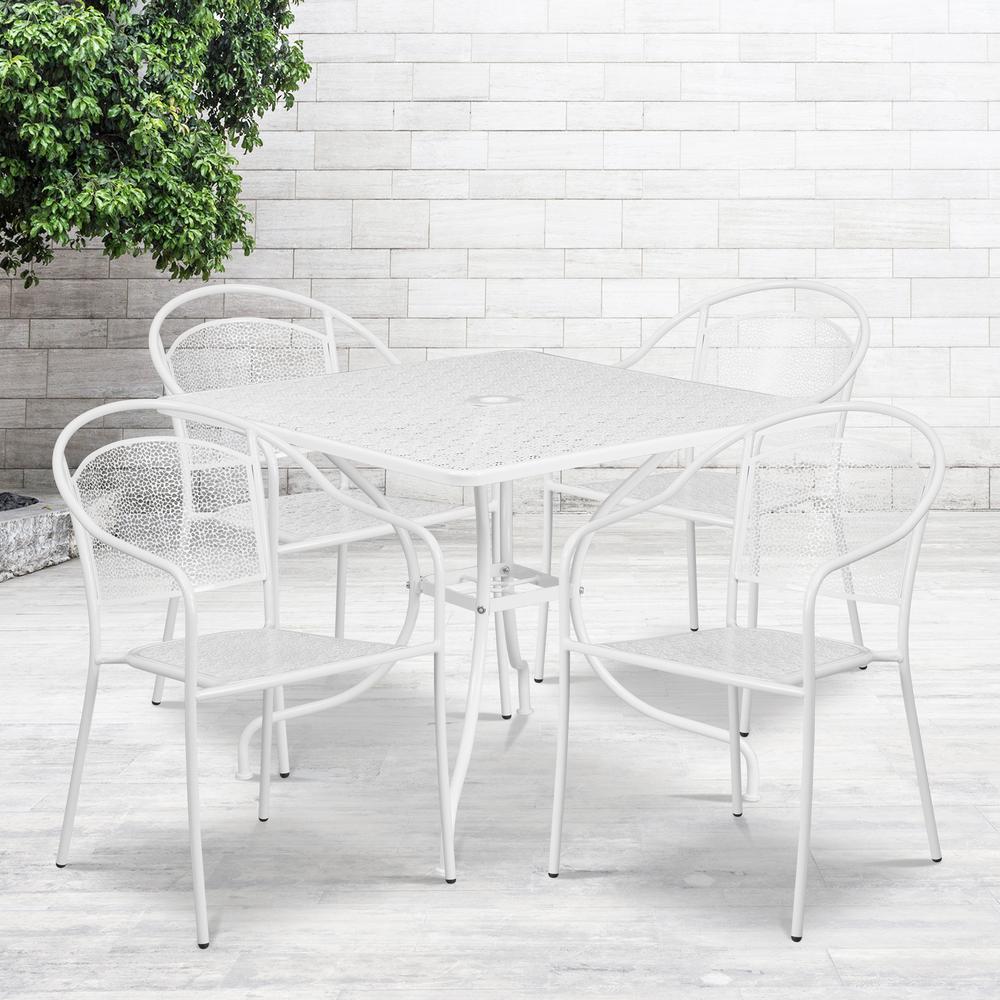 Commercial Grade 35.5" Square White Indoor-Outdoor Steel Patio Table Set with 4 Round Back Chairs