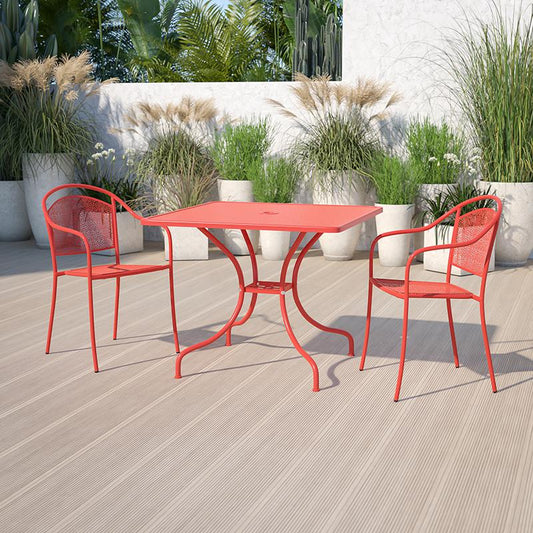 Commercial Grade 35.5" Square Coral Indoor-Outdoor Steel Patio Table