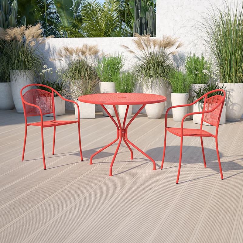 Commercial Grade 35.25" Round Coral Indoor-Outdoor Steel Patio Table