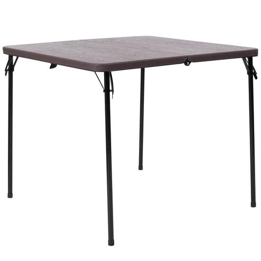 2.83-Foot Square Bi-Fold Brown Wood Grain Plastic Folding Table with Carrying Handle