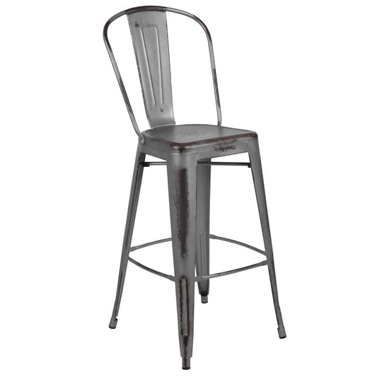 Commercial Grade 30" High Distressed Silver Gray Metal Indoor-Outdoor Barstool with Back