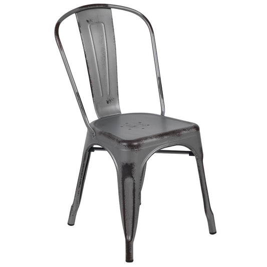 Commercial Grade Distressed Silver Gray Metal Indoor-Outdoor Stackable Chair