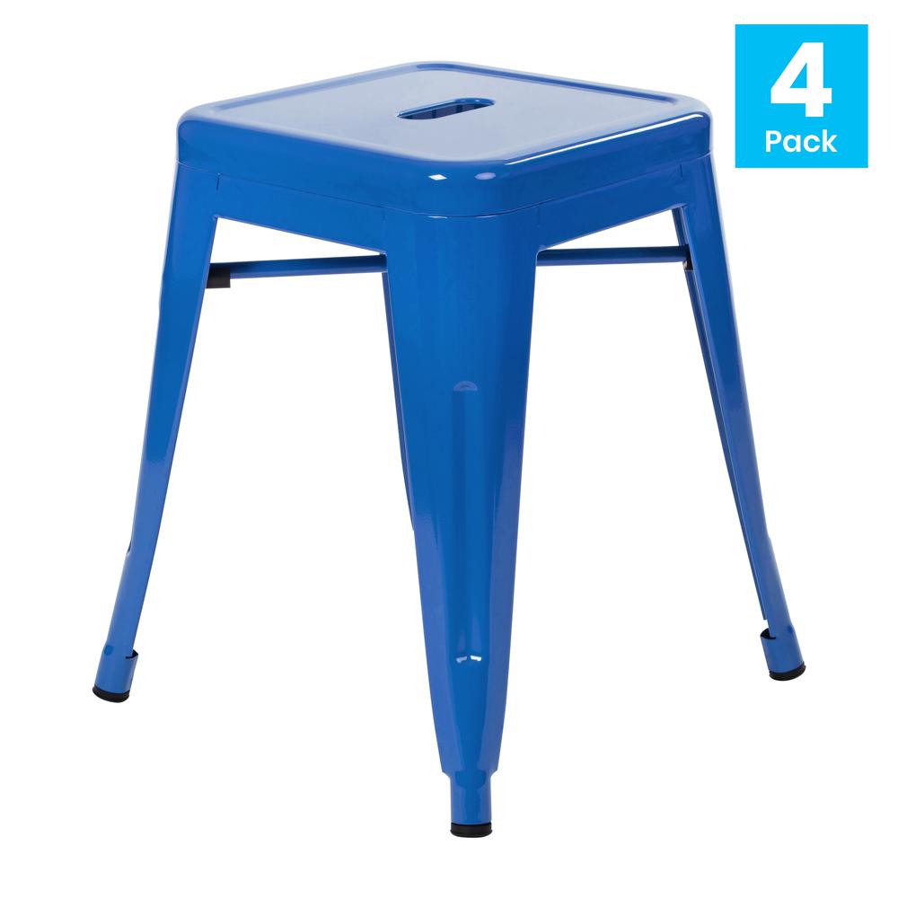 18" Table Height Stool, Stackable Backless Metal Indoor Dining Stool, Commercial Grade Restaurant Stool in Royal Blue - Set of 4