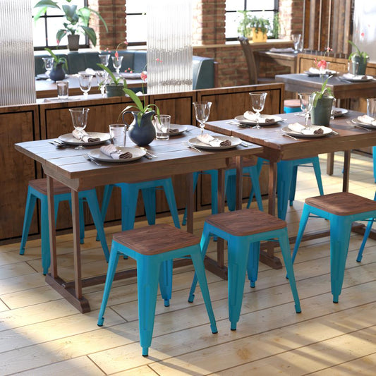 18" Backless Table Height Stool with Wooden Seat, Stackable Teal Metal Indoor Dining Stool, Commercial Grade - Set of 4