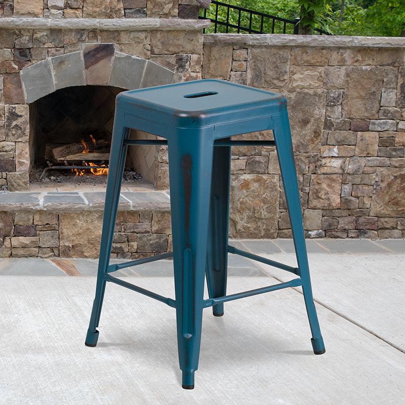 Commercial Grade 24" High Backless Distressed Antique Blue Metal Indoor-Outdoor Counter Height Stool