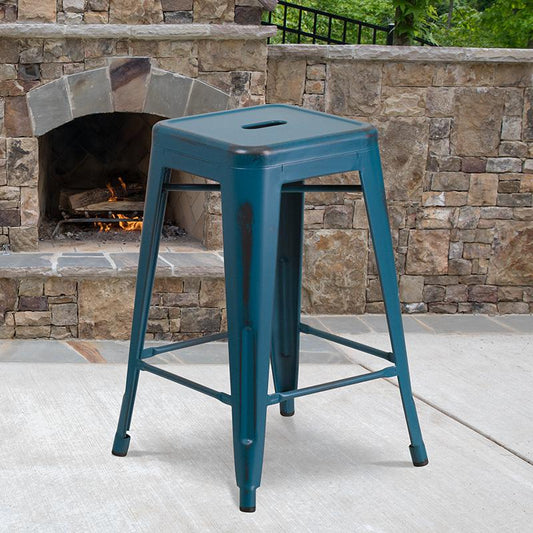 Commercial Grade 24" High Backless Distressed Antique Blue Metal Indoor-Outdoor Counter Height Stool