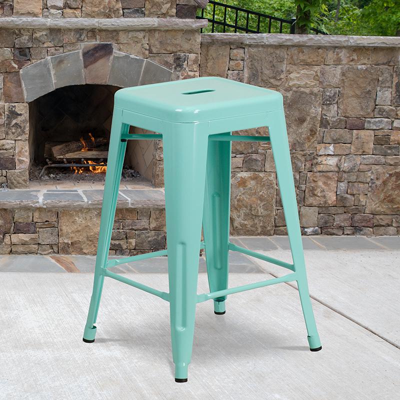 Commercial Grade 24" High Backless Mint Green Indoor-Outdoor Counter Height Stool