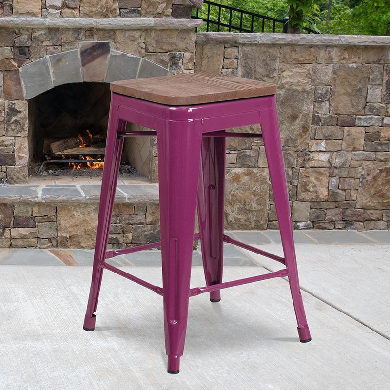 24" High Backless Purple Counter Height Stool with Square Wood Seat