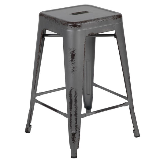 Commercial Grade 24" High Backless Distressed Silver Gray Metal Indoor-Outdoor Counter Height Stool