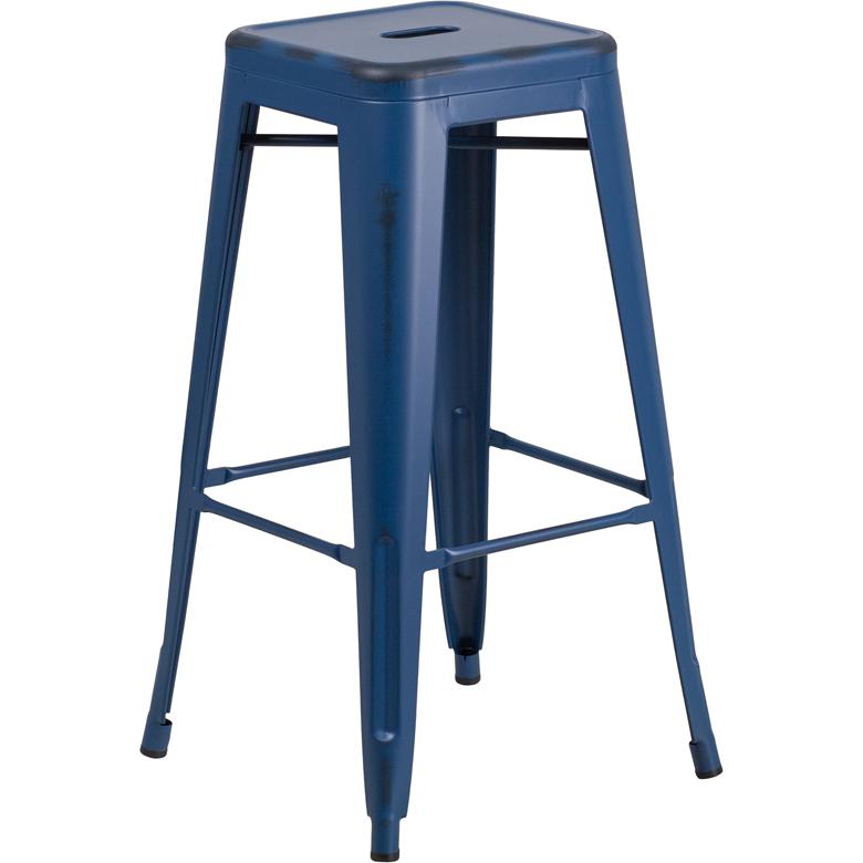 Commercial Grade 30" High Backless Distressed Antique Blue Metal Indoor-Outdoor Barstool