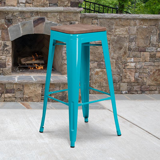 30" High Backless Crystal Teal-Blue Barstool with Square Wood Seat