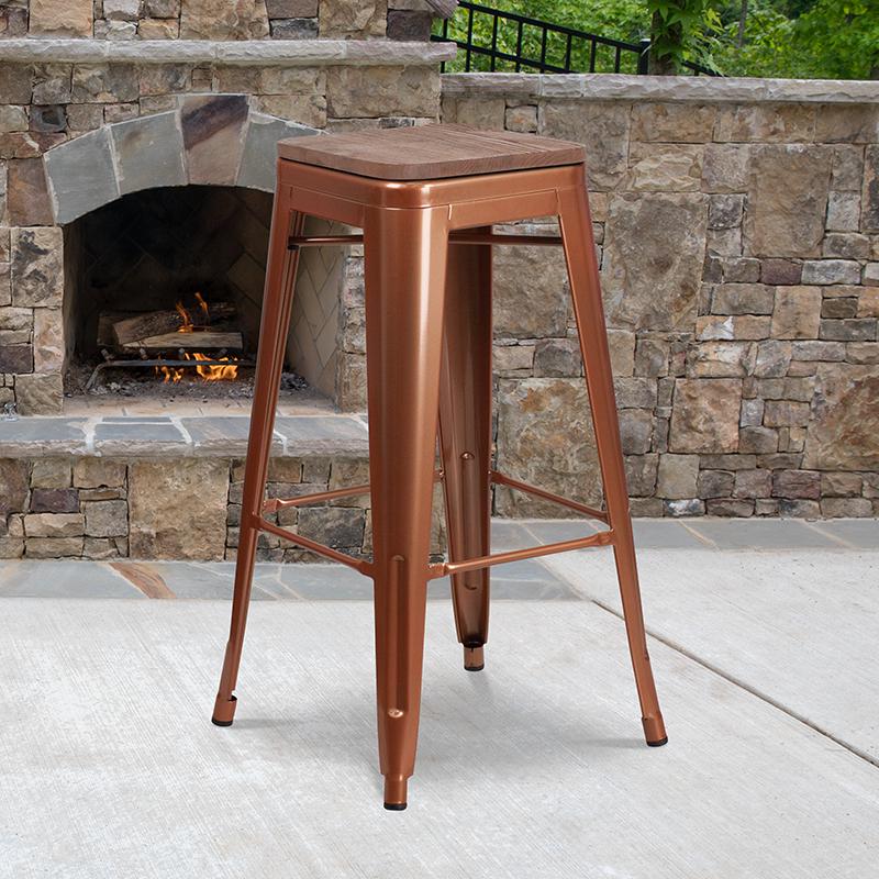 30" High Backless Copper Barstool with Square Wood Seat