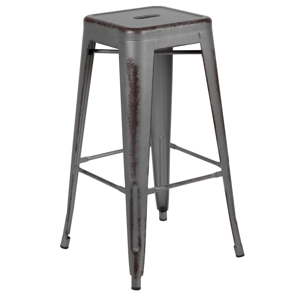 Commercial Grade 30" High Backless Distressed Silver Gray Metal Indoor-Outdoor Barstool