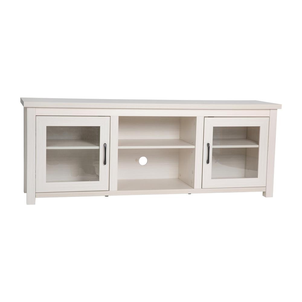 Sheffield Classic TV Stand up to 80" TVs - Modern White Wash Finish with Full Glass Doors  - 65" Engineered Wood Frame - 3 Shelves