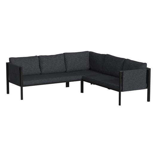 Indoor/Outdoor Sectional with Cushions - Modern Steel Framed Chair with Dual Storage Pockets, Black with Charcoal Cushions