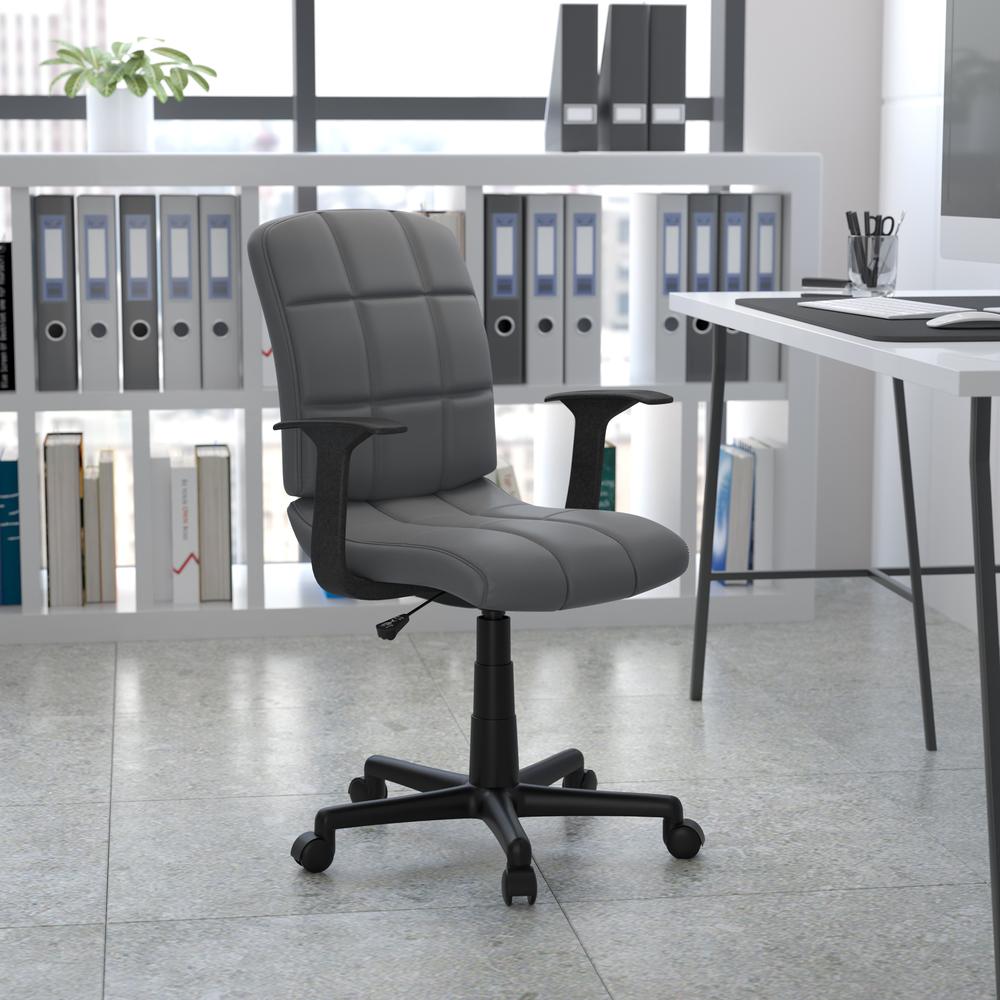 Mid-Back Gray Quilted Vinyl Swivel Task Office Chair with Arms