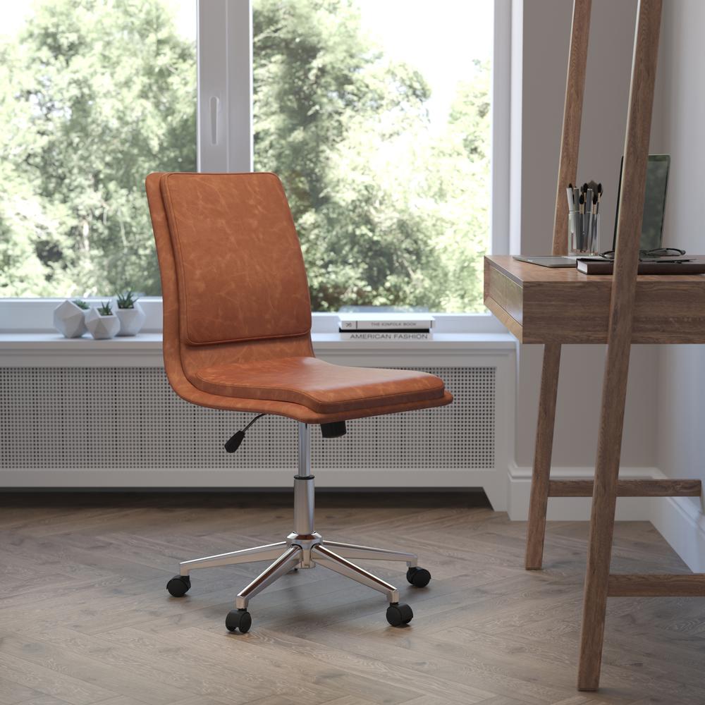 Madigan Mid-Back Armless Swivel Task Office Chair with LeatherSoft and Adjustable Chrome Base, Cognac