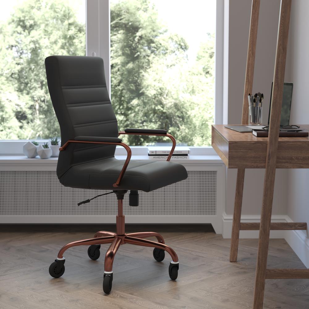 Whitney High Back Black LeatherSoft Executive Swivel Office Chair with Rose Gold Frame, Arms, and Transparent Roller Wheels