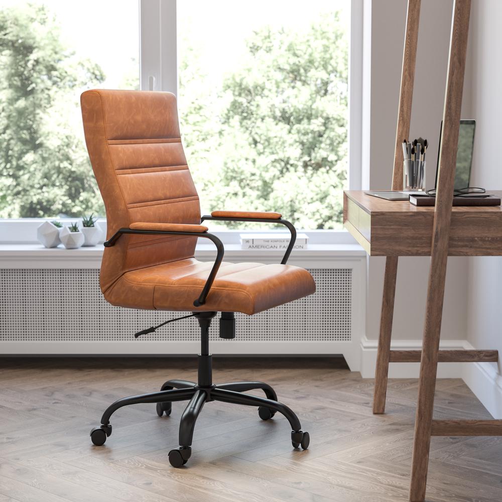 High Back Brown LeatherSoft Executive Swivel Office Chair with Black Frame and Arms