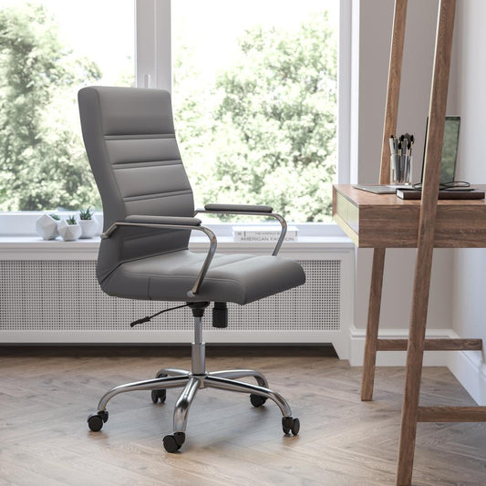 High Back Gray LeatherSoft Executive Swivel Office Chair with Chrome Frame and Arms