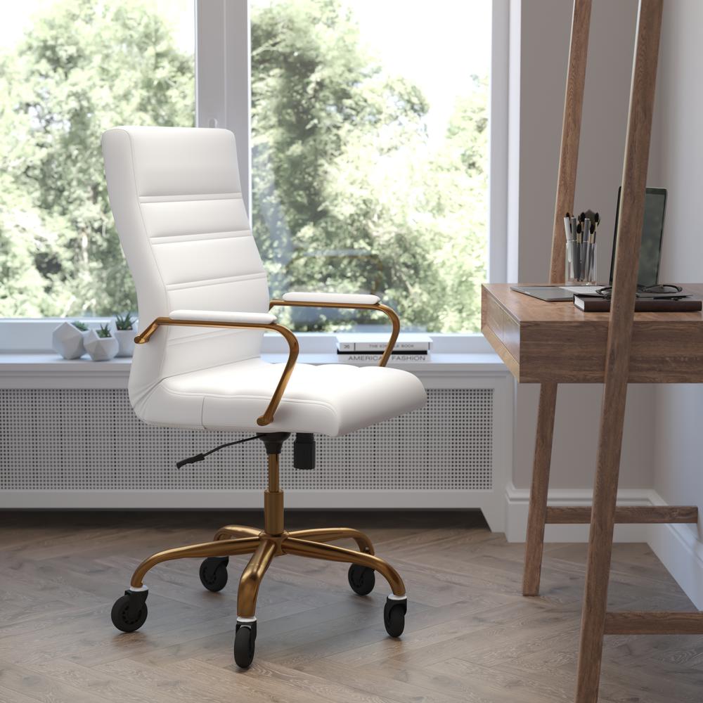 Whitney High Back White LeatherSoft Executive Swivel Office Chair with Gold Frame, Arms, and Transparent Roller Wheels