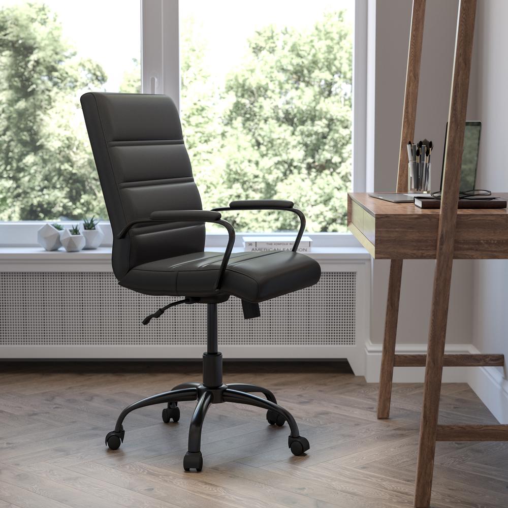 Mid-Back Black LeatherSoft Executive Swivel Office Chair with Black Frame and Arms