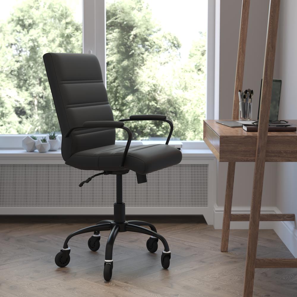 Camilia Mid-Back Black LeatherSoft Executive Swivel Office Chair with Black Frame, Arms, and Transparent Roller Wheels