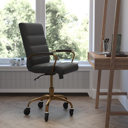 Camilia Mid-Back Black LeatherSoft Executive Swivel Office Chair with Gold Frame, Arms, and Transparent Roller Wheels