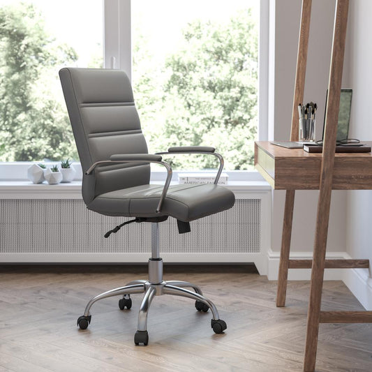 Mid-Back Gray LeatherSoft Executive Swivel Office Chair with Chrome Frame and Arms