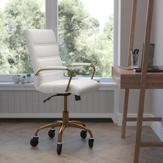 Camilia Mid-Back White LeatherSoft Executive Swivel Office Chair with Gold Frame, Arms, and Transparent Roller Wheels