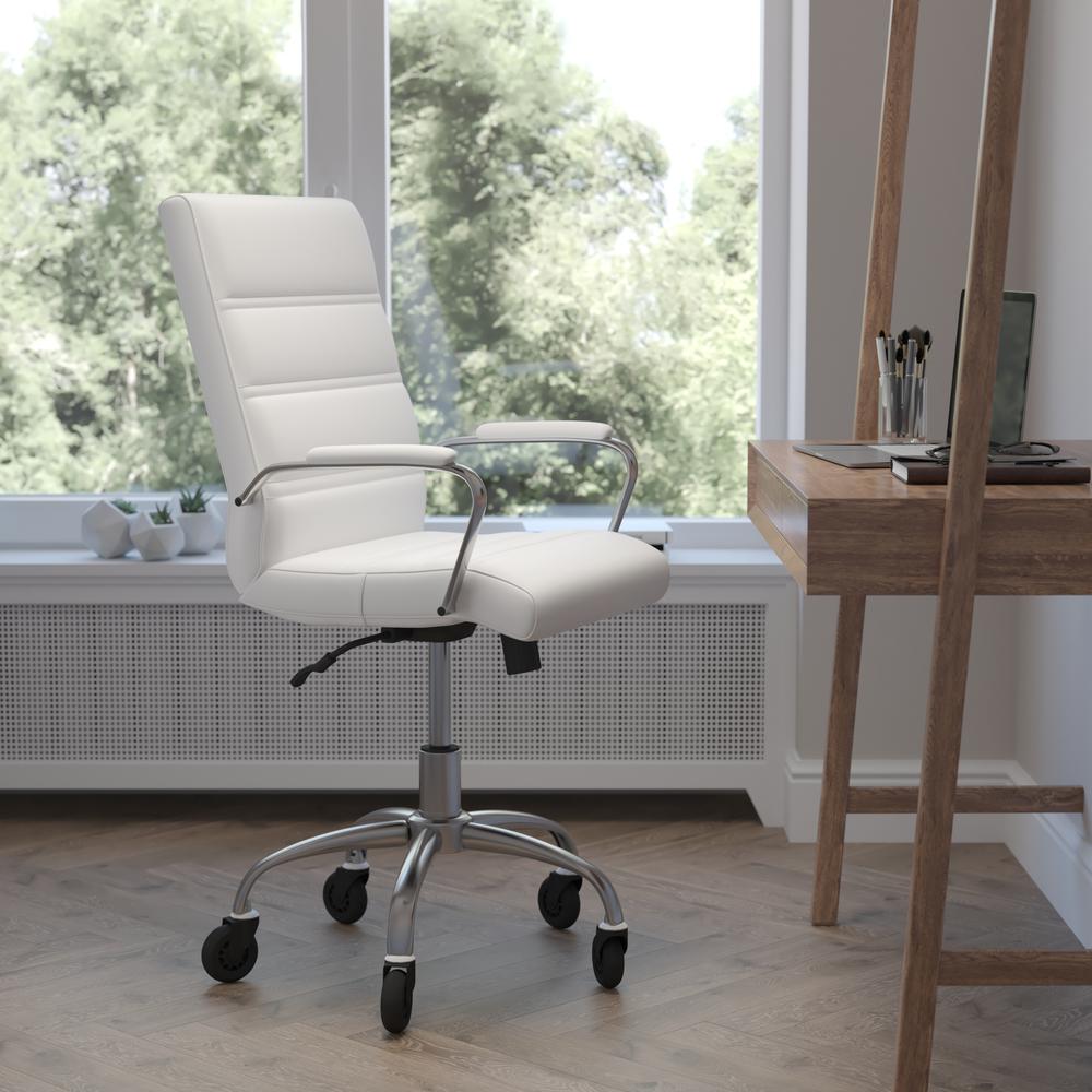 Camilia Mid-Back White LeatherSoft Executive Swivel Office Chair with Chrome Frame, Arms, and Transparent Roller Wheels