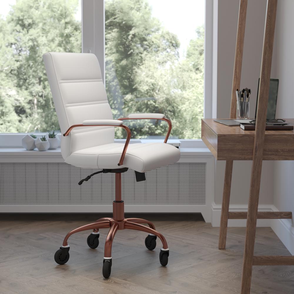 Camilia Mid-Back White LeatherSoft Executive Swivel Office Chair with Rose Gold Frame, Arms, and Transparent Roller Wheels