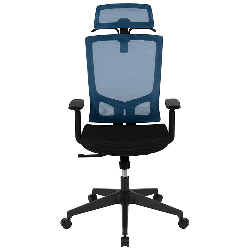 Ergonomic Mesh Office Chair with Synchro-Tilt, Pivot Adjustable Headrest, Lumbar Support, Coat Hanger & Adjustable Arms-Blue/Black