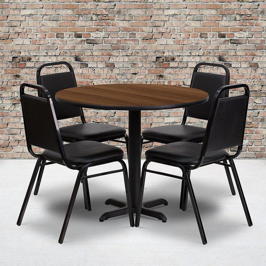 36'' Round Walnut Laminate Table Set with X-Base and 4 Black Trapezoidal Back Banquet Chairs