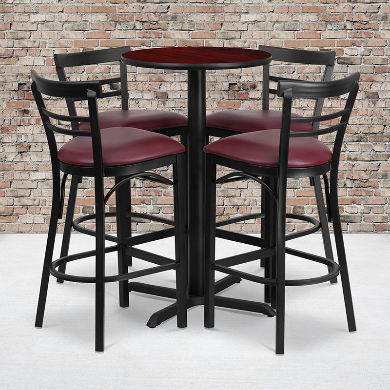 24'' Round Mahogany Laminate Table Set with X-Base and 4 Two-Slat Ladder Back Metal Barstools - Burgundy Vinyl Seat